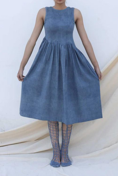 indigo blue midi organic dress for spring summer at ominana.com