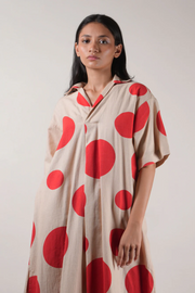 Set, Red, polka tunic, hand block printed, soft handspun cotton, side pockets, elasticated trousers, sustainable