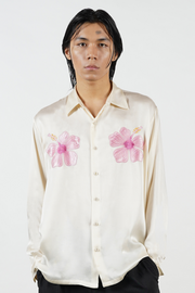 Silky, satin, hand-embroidered, Hibiscus appliqué, light, breezy, summer shirt