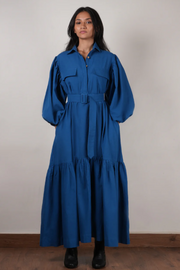 Blue dress, soft breathable fabric, shirt dress, relaxed fit, classic style, waist belt,  customisable look