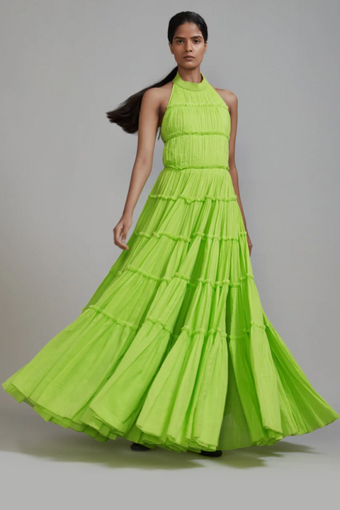 Neon green, gown, mul-tiered, ribbed neckline, tie back, side pockets, elegant, sustainable brand
