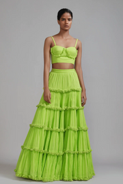 Neon Green, corset with fringe, handspun mul lehenga, tiered-fringe, side pockets, festive