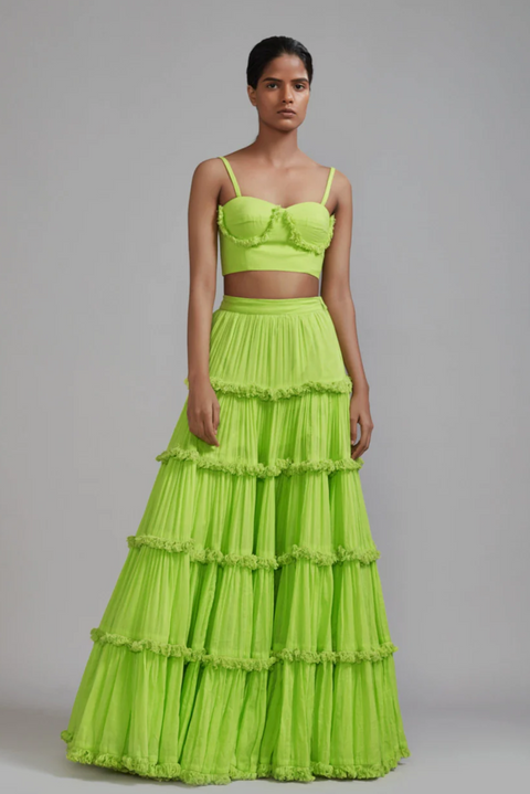 Neon Green, corset with fringe, handspun mul lehenga, tiered-fringe, side pockets, festive