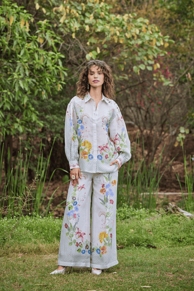 Summer set, co-ord, breeze, floral print, shell bead, trouser, elegant, shirt, comfortable, pleat, linen, sustainable brand