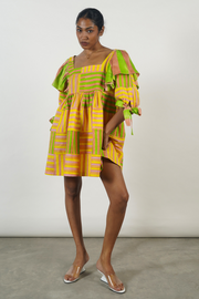 multi colour, short dress, chic, hand block-printed stripes, squared neckline, balloon sleeves, frilly shoulders, sustainable brand