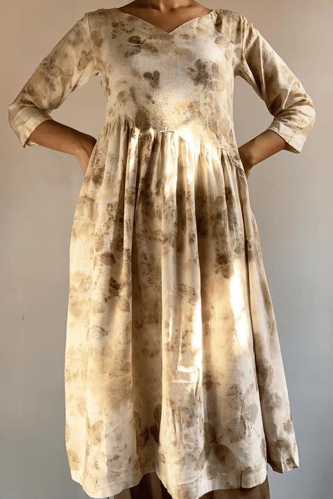 unbleached hand-finished imprinted with rose flower 100% plant dyed dress organic cotton oversized sustainable fashion comfortable fit
