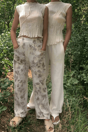 unbleached hand-finished imprinted with rose flower 100% plant dyed trousers organic cotton oversized sustainable fashion comfortable fit