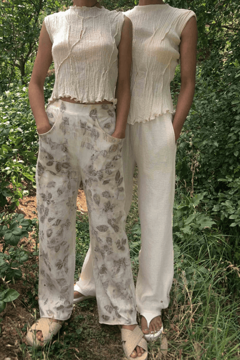 unbleached hand-finished imprinted with rose flower 100% plant dyed trousers organic cotton oversized sustainable fashion comfortable fit