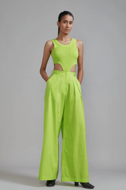 Neon Green, long pleated, trousers, stylish, comfortable, side pockets, sustainable brand

