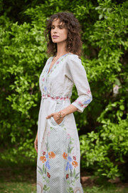 Linen, summer, puffed sleeve, jumpsuit, floral print, hand embroidered, side pockets, flared, breezy look, sustainable brand, digital print