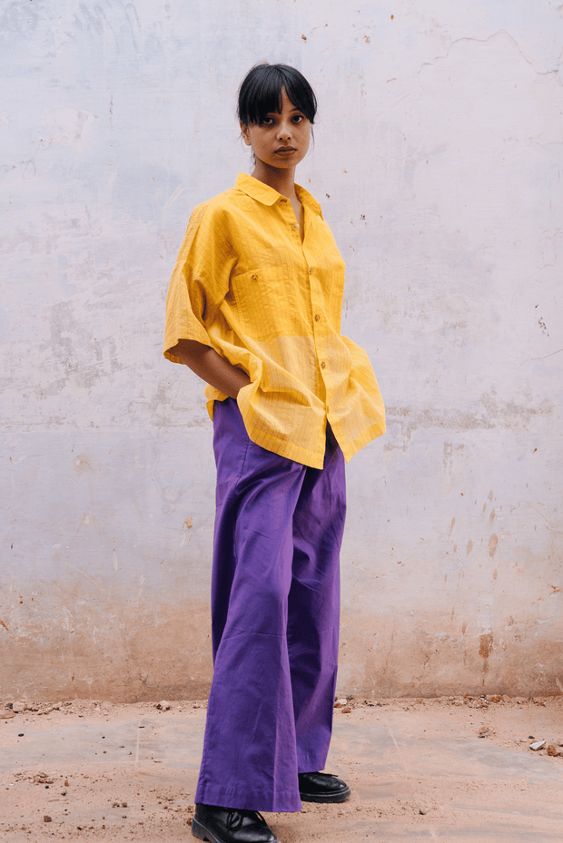 shirt cotton  Front opening Yellow handwoven sustainable brand