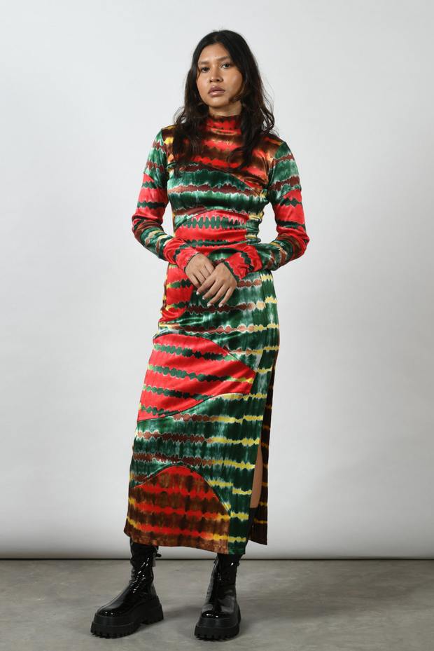 vibrant unique satin lycra multi colours hand-dyed dress high neck
