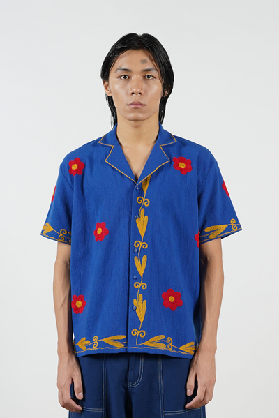 Blue Cotton Khadi shirt, Red and Gold hand embroidery, handmade, unique piece, skilled craftsmanship