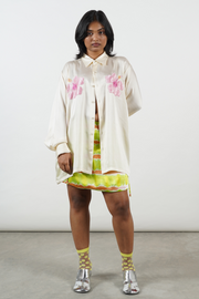 Silky shirt, hand-embroidered Hibiscus appliqué, intricate details, light and breezy, summer style