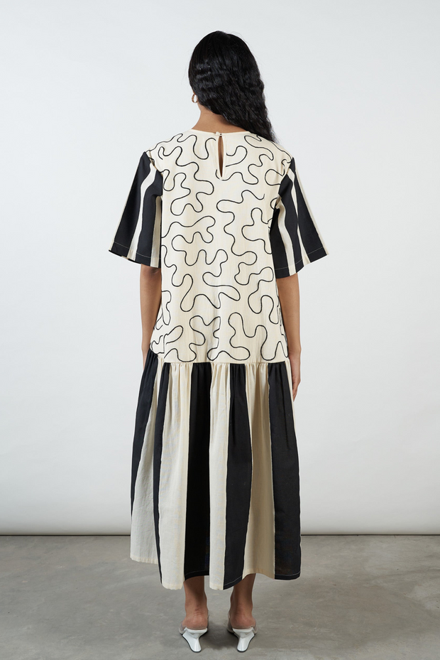 cotton dress, block printing, stripes, hand embroidered, skilled craftsmanship, sustainable brand