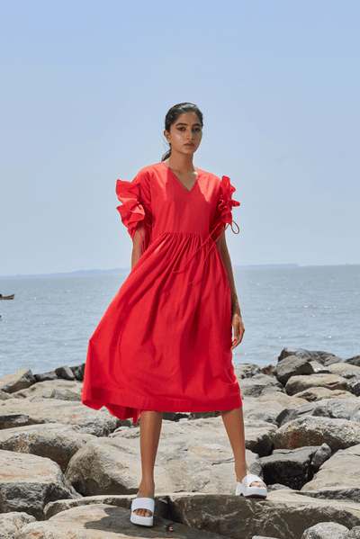 Cora Ruffle Sleeve Dress in Red - 3XL (UK - 18)