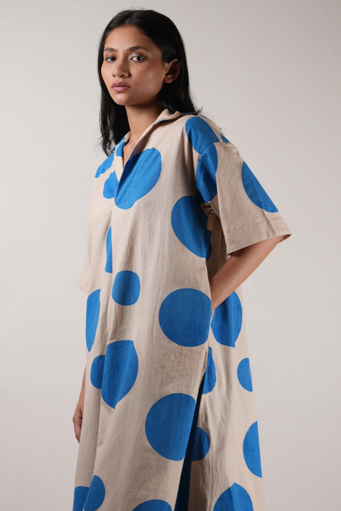 Blue, polka tunic, hand block printed, soft handspun cotton, side pockets, elasticated trousers, sustainable