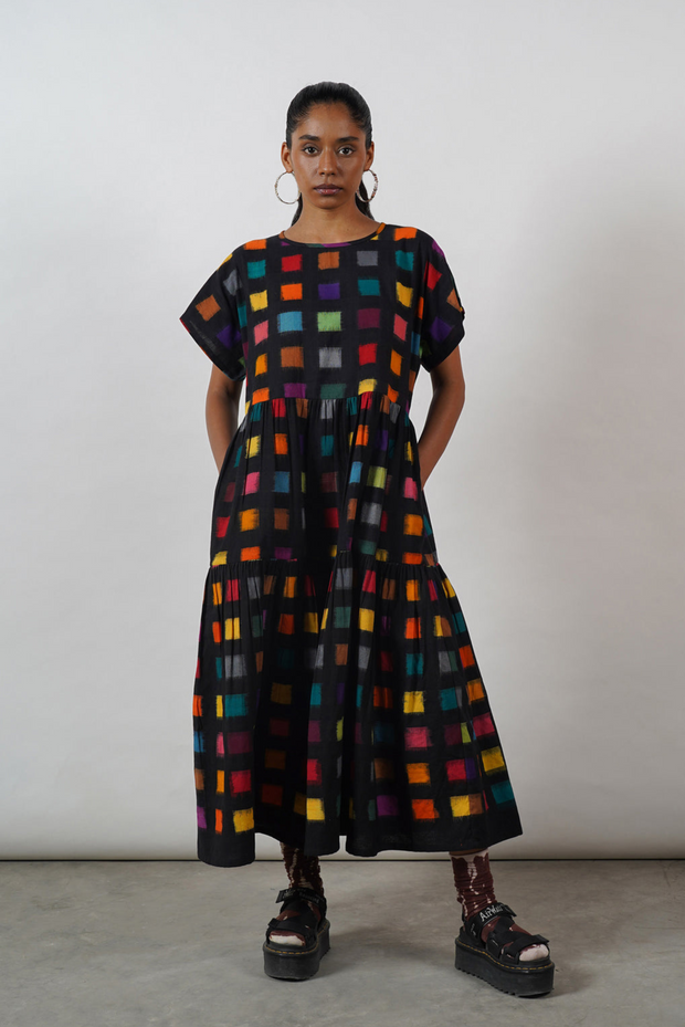 hand made tie dye ikat handwoven cotton black-multi colour maxi dress