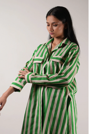 Green set, striped hand-block printed tunic, soft handspun cotton, side pockets, elasticated trousers, sustainable