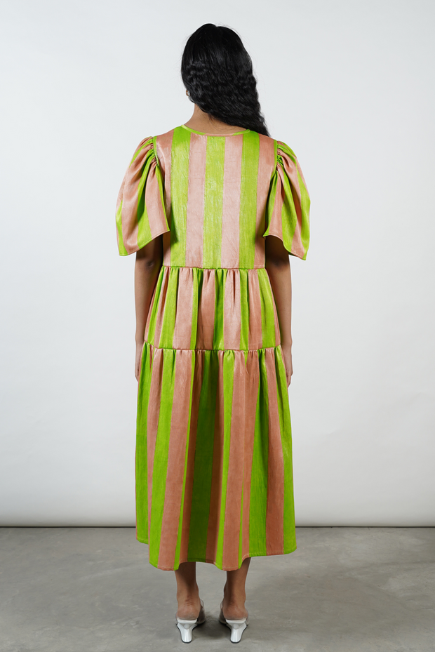 Mashru Satin dress, hand block-printed, stripes, round neckline, tiered skirt, sustainable brand, comfortable, handmade