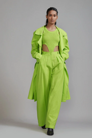 Neon Green, classic long trench jacket, side pockets, canvas belt, timeless, functional, sophisticated