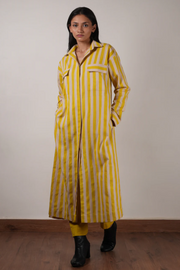 Yellow set, striped hand-block printed tunic, soft handspun cotton, side pockets, elasticated trousers, sustainable