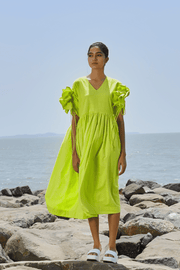 Neon Green Cora Ruffle Sleeve Dress - L (UK 12)