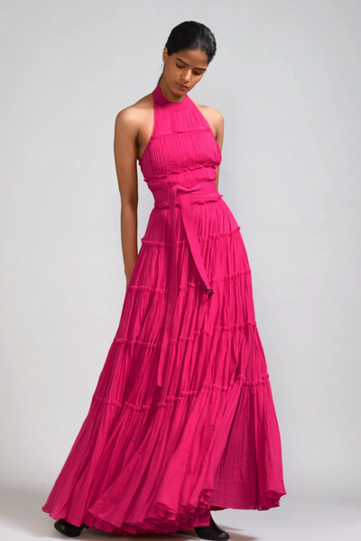 Pink, gown, mul-tiered, ribbed neckline, tie back, side pockets, elegant, sustainable brand
