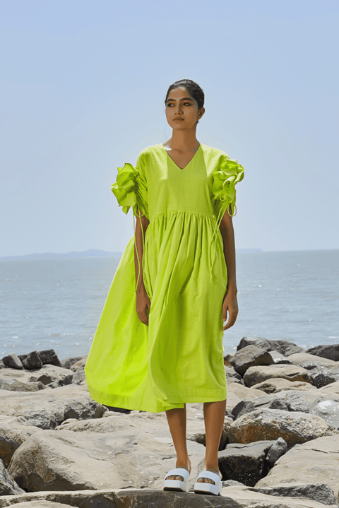 Cora Ruffle Sleeve Neon Green Dress Size 6XL UK 24 Omi Na