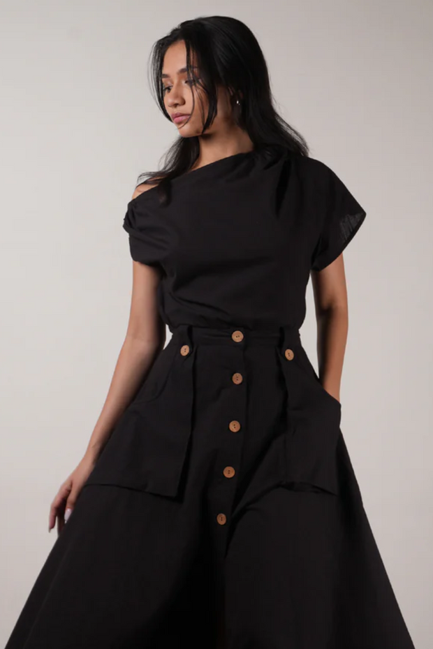 Black colour, one-shoulder top, elasticated edges, adjustable, stylish and versatile, comfortable fit, sustainable brand