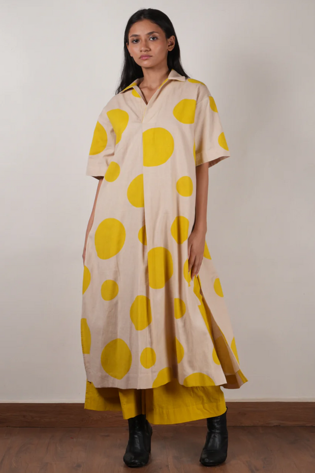 Set, Yellow, polka tunic, hand block printed, soft handspun cotton, side pockets, elasticated trousers, sustainable