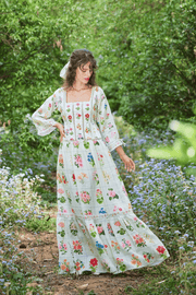 Floral, blooms, lace, handcrafted, sustainable brand, pure hemp, hand embroidered, vintage, bodice, mint, digital print, lined, summer dress at omi na-na