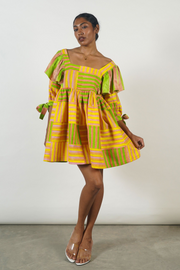 short dress, chic, hand block-printed stripes, squared neckline, balloon sleeves, frilly shoulders, sustainable brand