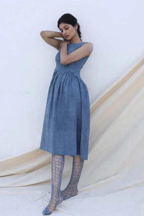 Indigo, dress, pockets, sustainable brand, handwoven, cotton