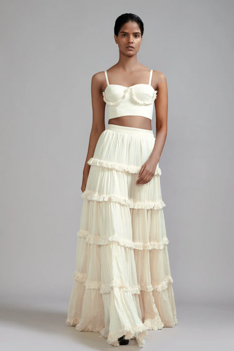 Off White, corset with fringe, handspun mul lehenga, tiered-fringe, side pockets, festive