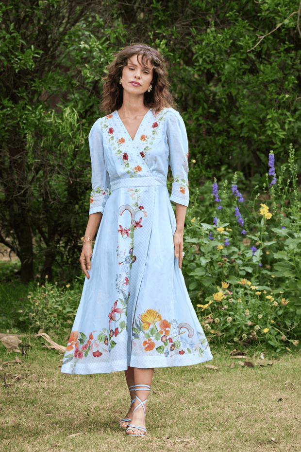 V-neck, wrap dress, floral print, elegant, sky blue, hand embroidered, summer dress, lightweight, linen, floral, puff sleeves, digital print