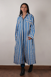 Blue set, striped hand-block printed tunic, soft handspun cotton, side pockets, elasticated trousers, sustainable