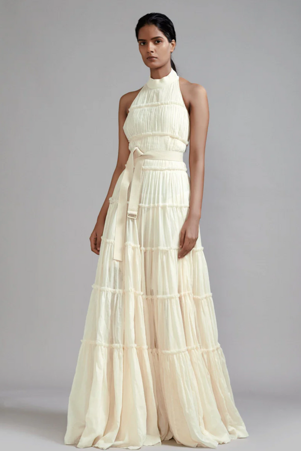 White, gown, mul-tiered, ribbed neckline, tie back, side pockets, elegant, sustainable brand
