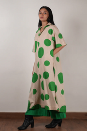 set, Green, polka tunic, hand block printed, soft handspun cotton, side pockets, elasticated trousers, sustainable