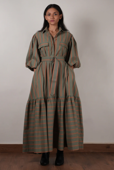 Striped Green, soft breathable fabric, shirt dress, relaxed fit, classic style, waist belt, customisable look