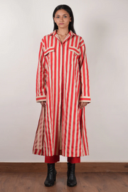 Red set, striped hand-block printed tunic, soft handspun cotton, side pockets, elasticated trousers, sustainable