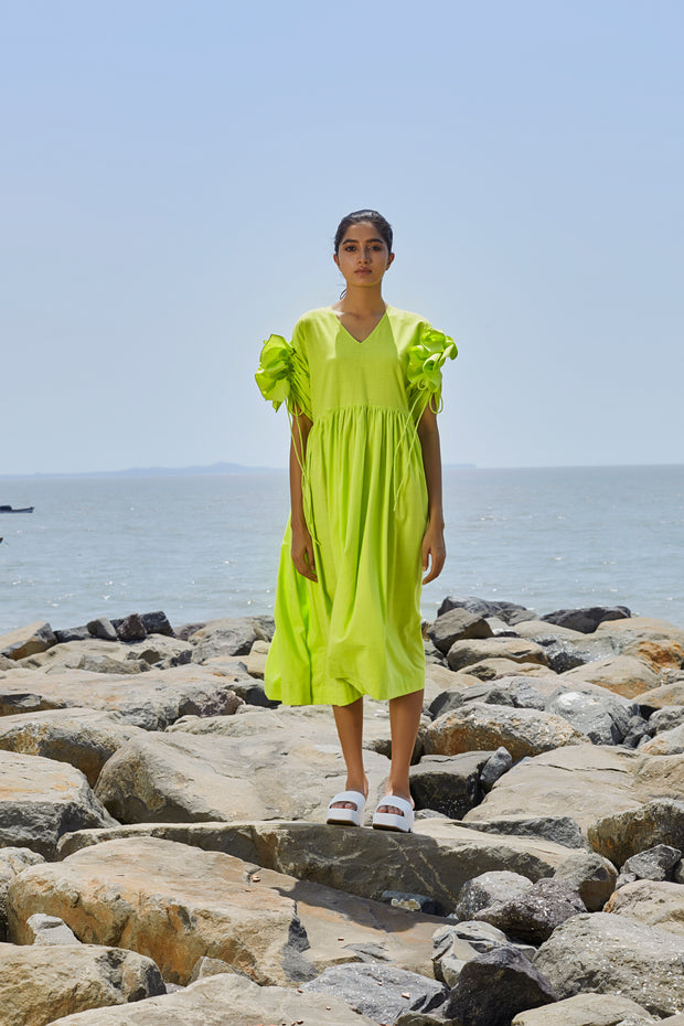Neon Green Cora Ruffle Sleeve Dress - L (UK 12)