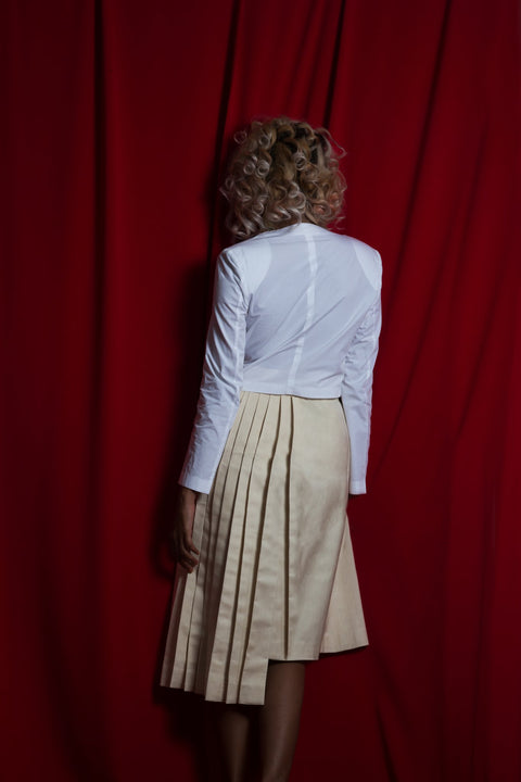 Back view of unfinished letter pleated silk skirt 