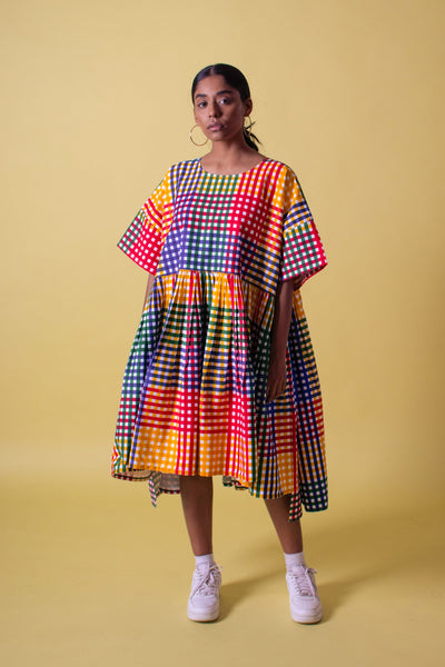 Multicolour checks dress knee-length cotton sustainable brand