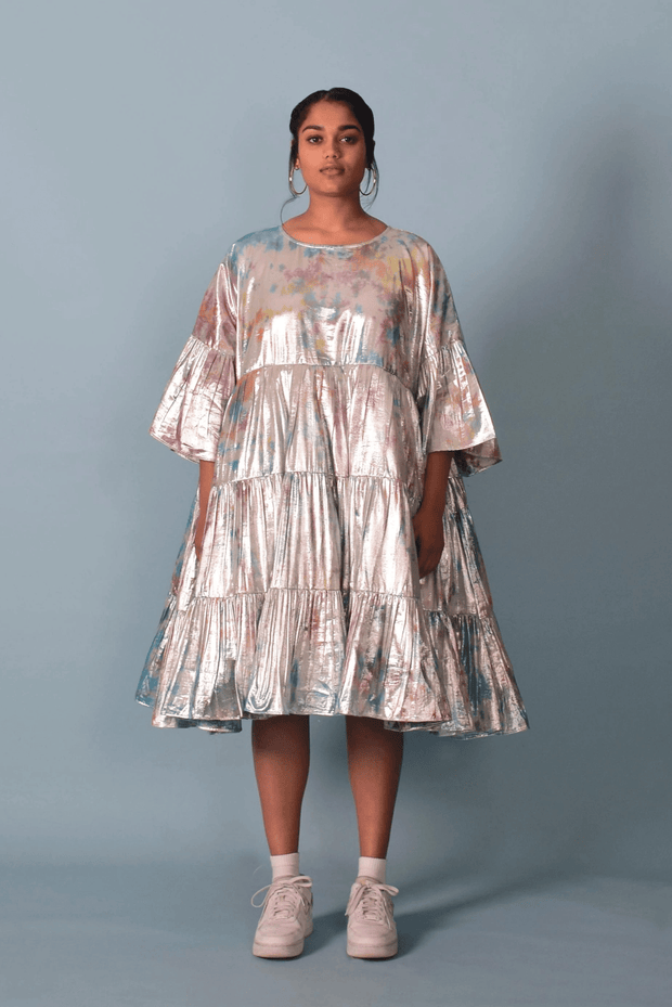 Shimmer tier dress sustainable brand chic hand-dyed lurex