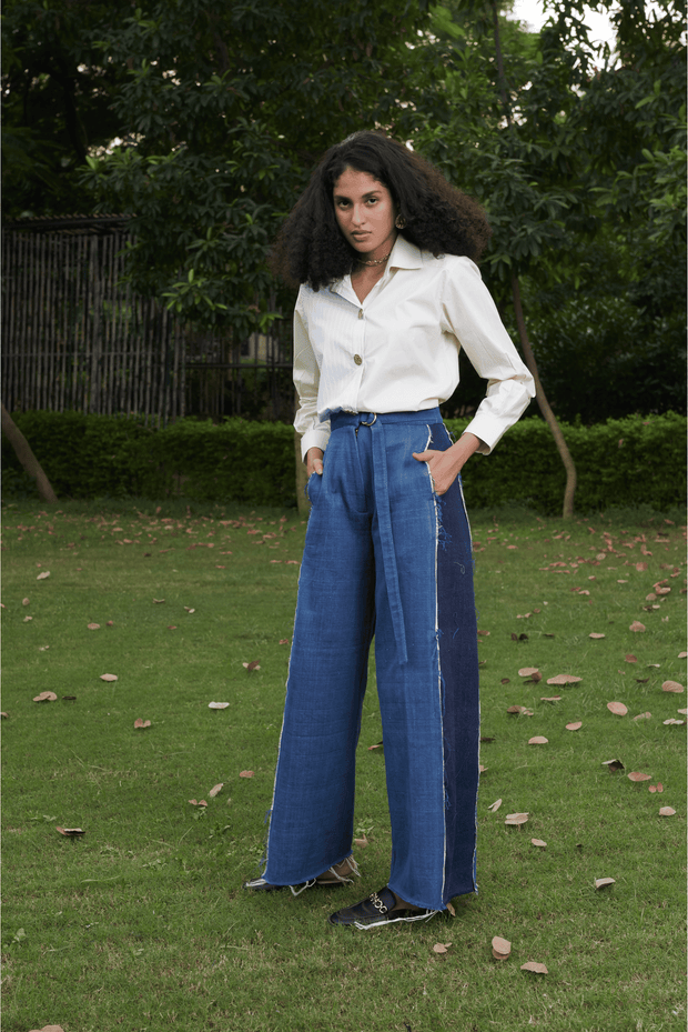 handwoven denim wide leg trousers casual comfortable fashionable women's clothing craftsmanship denim blue classic sustainable breathable timeless