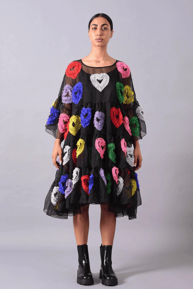  flared tier dress heart embroidery free size organza  pop colors  black