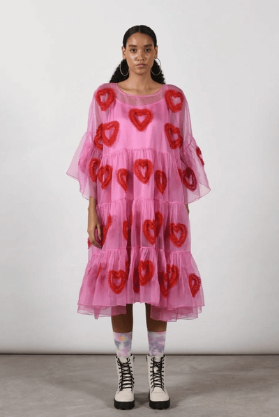  red pink flared tier dress heart embroidery free size organza  pop colors 