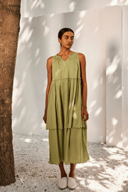 sage green gathers pleated dress maxi sustainable brand 
