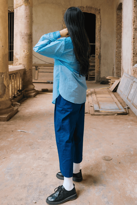 Indigo stripes trousers comfortable cotton sustainable brand